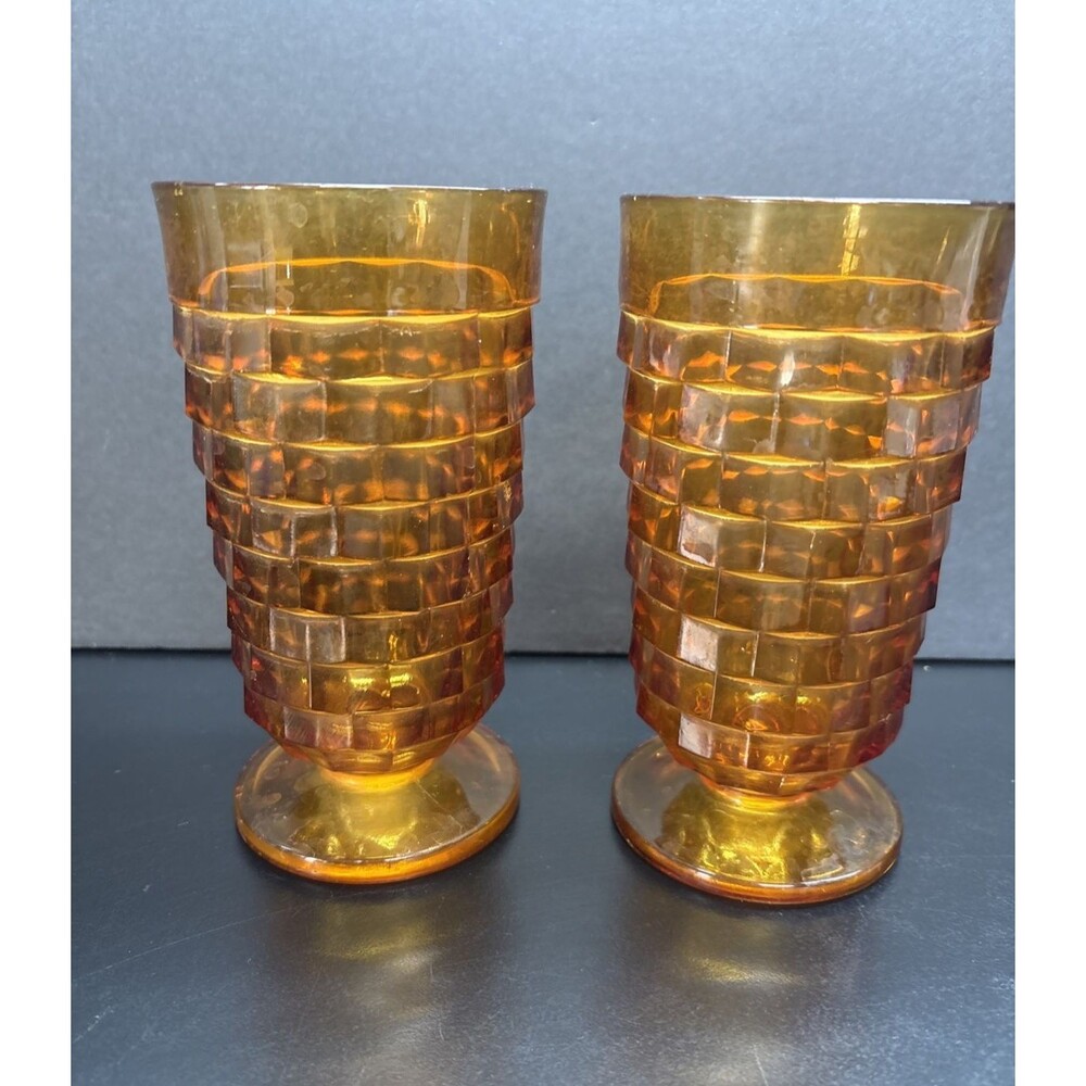 Vintage Colony Whitehall Iced Tea Glasses Set Of 2 Amber Pressed Cubist USA 6"